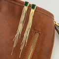 Detail of long gold tassel earrings with a rectangular green gemstone and pavé accents - Emerald Green Zirconia Gold Plated Earrings