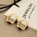 Close-up of vintage gold hoop earrings with red enamel and shimmering cubic zirconia stones - Red Zirconia Drip Oil Earrings (A-301)