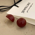 Close-up of classic burgundy dome stud earrings with polished glaze finish and gold pins - Wine Red Drip Oil Semicircle Stud Earrings - Gold Plated (A-768)