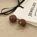 Detailed macro shot of French retro coffee brown resin earrings with gold metal accents - Coffee Ball Stud Earrings (A-31)