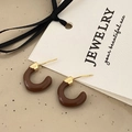 Detail of French vintage C-shaped brown enamel earrings with gold-plated metal caps - C-Shape Brown Enamel Earrings (A-442)