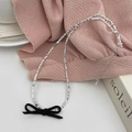 Silver beaded necklace featuring a black velvet bow pendant and adjustable chain clasp - 2x1 Octagon Cut Necklace (B-196) / Silver and Black