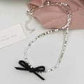 Silver bead necklace with a black velvet bow pendant and adjustable extension chain - 2x2 Octagon Cut Necklace (B-196) / Silver and Black
