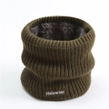 Detailed view of winter neck warmer featuring olive green knit and thick grey plush lining - Army Green