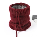 Winter wine red knitted neck warmer with gray fleece lining and adjustable drawstring cord - Burgundy