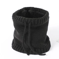 Detailed close-up of black knitted neck warmer with thick fleece lining and adjustable drawstring - Black