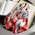 Red and ivory silk scarf with abstract geometric house patterns on marble table - Red Border (FJ76X-1) / 70x70cm