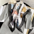 Detail of silk scarf with abstract house print draped on grey knitwear for styling - Black Border (FJ76X-2) / 70x70cm