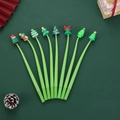 Set of 8 Christmas silicone gel pens with festive tree, bear, and bell toppers - Green Series (Christmas Tree and Bell) / 0.5mm