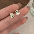 Golden little duck stud earrings with micro-paved zircons and black gemstone eyes - Black Eyed Duck Stud Earrings