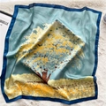 Elegant 70cm square silk scarf with blue tree print and yellow accents for women - Artistic Landscape Tree Style (FJ440-3)