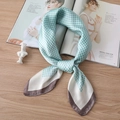 Classic blue and white houndstooth silk scarf with elegant brown satin borders on wood surface - Green / 70*70cm