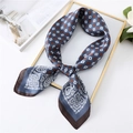 Elegant navy silk scarf with geometric cube patterns and white paisley motifs on display - Navy Blue Dense Geometric Block (FJ270-2)