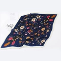 Navy floral pleated silk square scarf with accordion texture and white border - Navy Blue