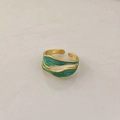 Detail of adjustable gold ring with double-layered wave design and green enamel inlay - Blue Irregular Enamel Ring