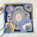 Navy blue and yellow square silk scarf with vintage floral patterns in flat lay - Fj464-1 / 70*70cm