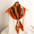 Elegant orange silk square scarf with white floral patterns and golden ring buckle - Orange Red Floral Bee Style (FJ588-1)