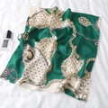 Close-up of emerald and cream satin silk square scarf featuring classic chain patterns - Emerald Green Cream White Chain (FX-202)