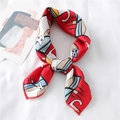 Red silk satin square scarf with cute artistic cat and geometric pattern prints - 50*50CM / Red Cat Style (FX-185)