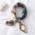 Close-up of elegant chain print silk scarf with fine edge stitching and green tones - Dark Green Gold Beige (FX-206)