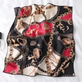 Fashionable chain print faux silk square scarf with classic red and black tassel patterns - Red Black Cream White Chain (FX-209)