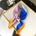Detail of colorful plaid and abstract silk scarf styled with luxury perfume and magazines - Pink Blue Contrast Orange Edge (FJ310-2) / 70*70cm