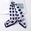 Polka dot silk scarf for women featuring floral and butterfly print with blue border - Navy Blue