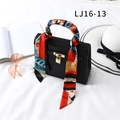 Elegant black handbag with colorful floral silk scarf wrapped on handle and gold padlock - Multicolor Equestrian Chain Print(LJ16-13)
