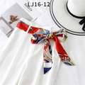 Chic white high-waist wide-leg trousers featuring a colorful printed silk scarf belt - Red Blue Yellow Crown Feather Print(LJ16-12)