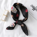 Satin silk scarf with red heart and playing card patterns on a white background - Black (FX-197)