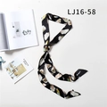 Narrow silk twilly scarf featuring a colorful feather print on a black background - Black Multicolor Feather Print(LJ16-58)