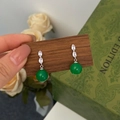 Detail view of silver drop earrings with green chalcedony beads and zircon stones - Green Chalcedony Pave Zircon Silver Studs