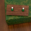 Detailed close-up of green chalcedony bead earrings with cubic zirconia in silver setting - 6mm Green Chalcedony Studs - Real Gold Plated (A-106)