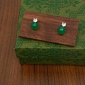 Detail view of vintage green agate stud earrings with cubic zirconia on a retro box - 8mm Green Chalcedony Studs - Real Gold Plated (A-106)