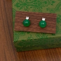 Detail of green chalcedony stud earrings with zircon accents on vintage wooden background - 10mm Green Chalcedony Studs - Real Gold Plated (A-106)