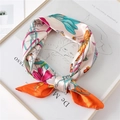 Floral print satin square silk scarf with bees and ladybugs tied in a stylish bow - 60x60cm / Orange