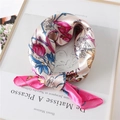 Elegant champagne silk scarf with pink lily and blue leaf floral print for women - 60x60cm / Rose Red