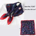Navy blue silk square scarf with colorful neon heart and crown prints and red border - Navy Blue