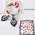 70cm silk feel square scarf with Beautiful Diary White pattern and navy blue borders - White