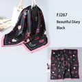 Cartoon pattern black silk square scarf FJ267 with pink edges and neon style prints - Black