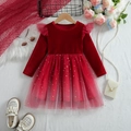 Girls red velvet and tulle long sleeve dress with gold star and moon prints - Red / 90cm