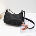 Chic black chevron quilted half-moon shoulder bag with elegant gold hardware - Black