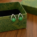 Detail showing elegant green chalcedony earrings in teardrop hollow silver frames - Silver Green Chalcedony Unique Studs - Real Gold Plated (A-478)