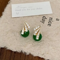 Macro shot of green chalcedony drop earrings with gold plating and sparkling zircon stones - Green Chalcedony Micro-inlaid Zirconia Gold Studs / Gold