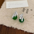 Close-up of vintage green chalcedony earrings with sparkling white cubic zirconia stones - Green Chalcedony Micro-inlaid Zirconia Silver Studs / Silver