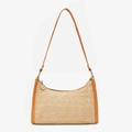 Minimalistische Stroh-Schultertasche mit braunem Kunstlederbesatz und Webstruktur - Dunkelbraun