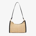 Minimalistische Stroh-Schultertasche mit schwarzem Lederbesatz und Goldakzenten - Schwarz
