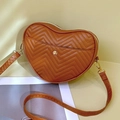 Brown heart-shaped crossbody bag with quilted V-texture and golden metal accents - Brown