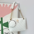 White quilted barrel crossbody bag with gold chain strap and mini coin purse charm - White Embroidered