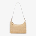 Handgefertigte Stroh-Schultertasche für Damen in Beige mit weißen Lederriemen und Goldring - Weiß